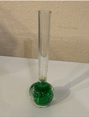 Green & Clear Controlled Bubble Art Glass Budvase w/ Clear Stem, 6 in